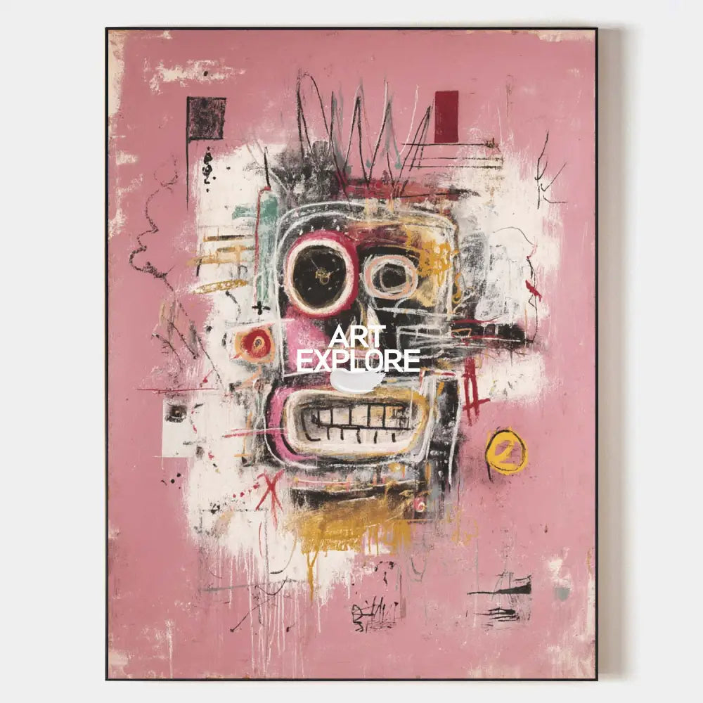 Original hand painted blush pink abstract skull face oil painting canvas wall art, modern elegant luxury expressive home decor interior