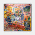 Original hand painted abstract oil painting canvas, vibrant crimson gold cobalt vintage figures red car luxury elegant modern wall art