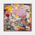 Original hand painted pink yellow abstract oil painting canvas wall art, graffiti urban elegant luxury modern living room interior desi