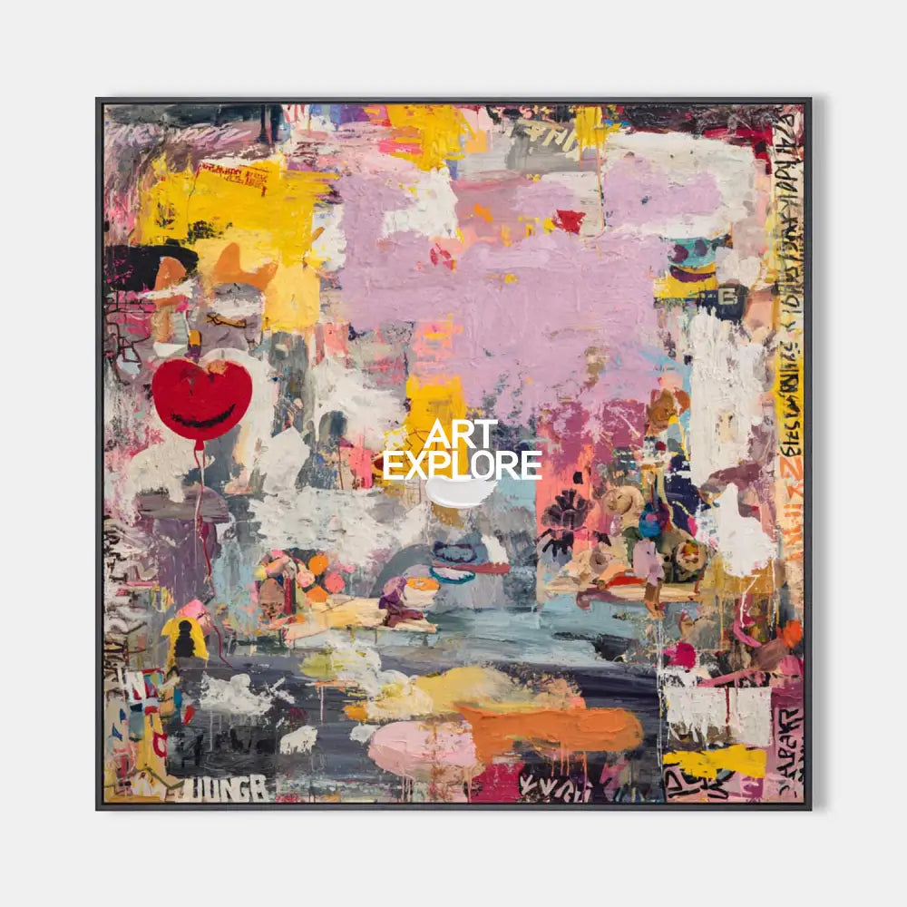 Original hand painted pink yellow abstract oil painting canvas wall art, graffiti urban elegant luxury modern living room interior desi
