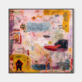 Original hand painted pink abstract oil painting canvas wall art, expressive figures symbols mustard yellow modern elegant luxury inter