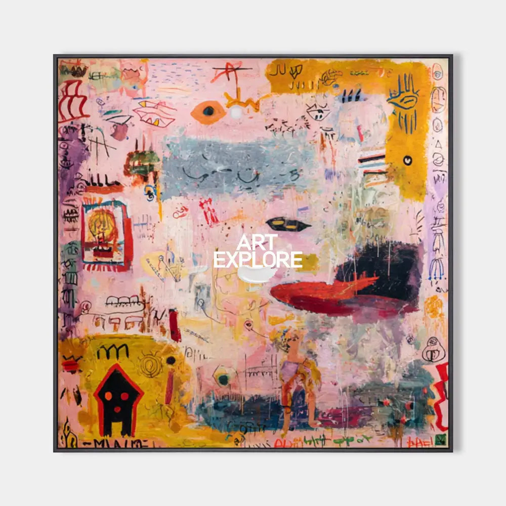 Original hand painted pink abstract oil painting canvas wall art, expressive figures symbols mustard yellow modern elegant luxury inter