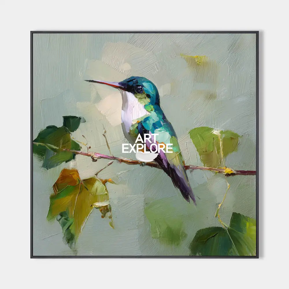 Original hand painted teal hummingbird oil painting canvas wall art, botanical modern elegant luxury nordic scandinavian living room ho