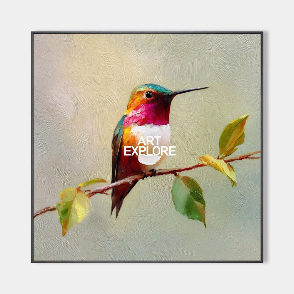 Original hand painted crimson teal gold hummingbird botanical oil painting canvas wall art, elegant modern nordic luxury living room ho