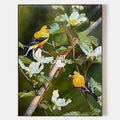 Original hand painted golden yellow finch birds botanical oil painting canvas wall art, elegant luxury modern vintage living room home