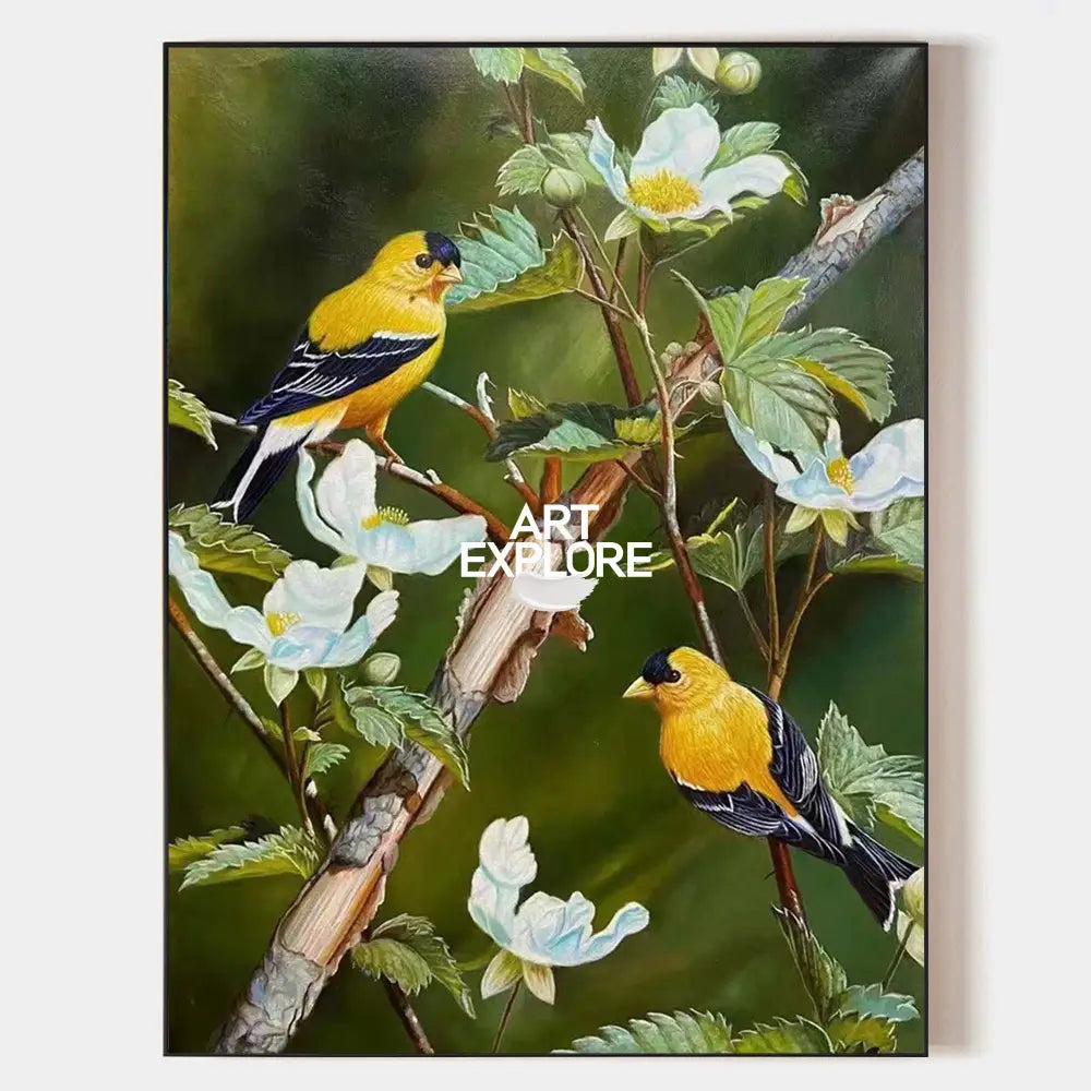 Original hand painted golden yellow finch birds botanical oil painting canvas wall art, elegant luxury modern vintage living room home