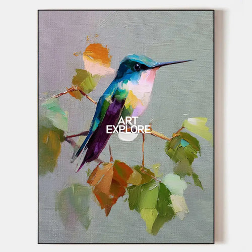 Original hand painted teal purple hummingbird botanical oil painting canvas wall art, elegant modern nordic scandinavian luxury home de