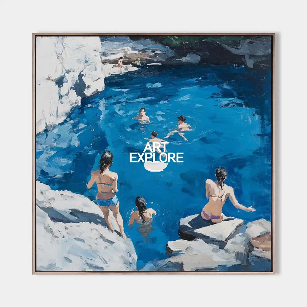 Original hand painted cobalt blue coastal swimmers oil painting canvas wall art, elegant luxury modern scandinavian nordic home decor i