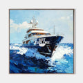 Original hand painted navy blue luxury yacht ocean waves oil painting canvas wall art, modern coastal elegant luxury home decor interio