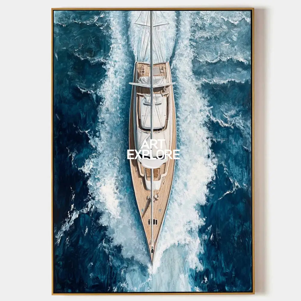 Original hand painted teal ocean sailboat aerial oil painting canvas wall art, coastal elegant luxury modern nordic scandinavian home d