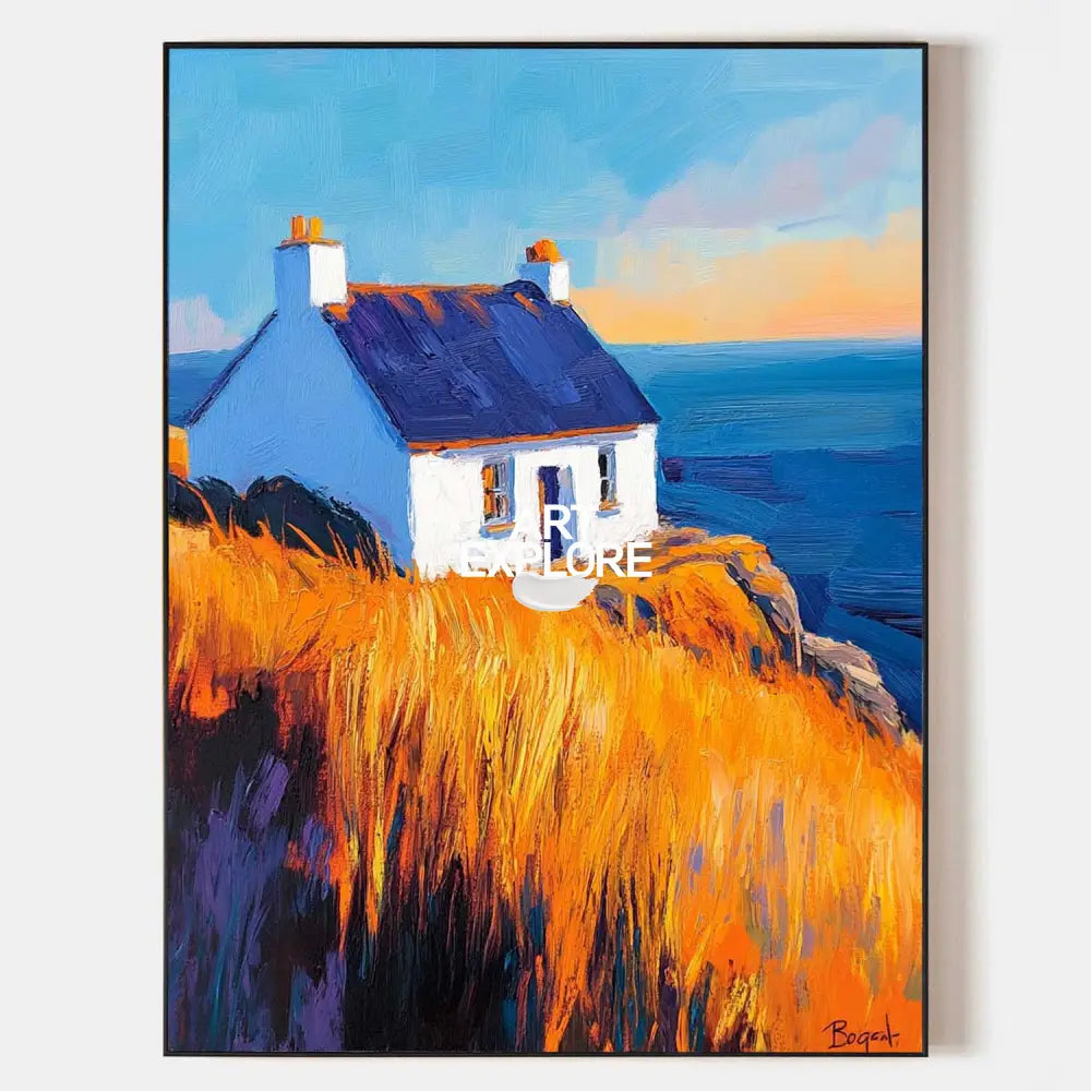 Original hand painted coastal cottage oil painting, golden amber grass deep blue sea, elegant luxury modern nordic scandinavian canvas