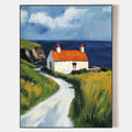Original hand painted coastal cottage oil painting canvas wall art, bold navy sea cliffs orange roof, elegant modern nordic scandinavia