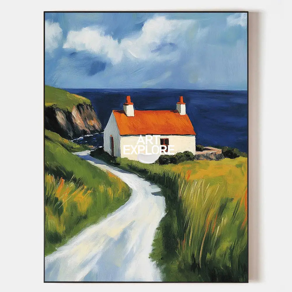 Original hand painted coastal cottage oil painting canvas wall art, bold navy sea cliffs orange roof, elegant modern nordic scandinavia