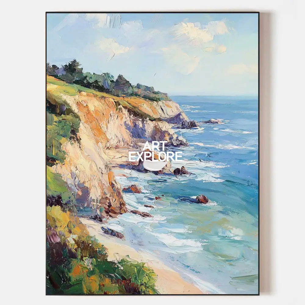 Original hand painted coastal cliffs oil painting canvas wall art, turquoise ocean amber rocks elegant luxury modern nordic scandinavia