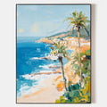Original hand painted coastal oil painting canvas, azure blue sea sandy beach palm trees golden cliffs, elegant luxury modern scandinav