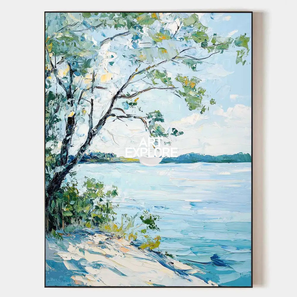 Original hand painted pale blue coastal oil painting canvas, birch tree shoreline, elegant nordic scandinavian luxury modern home decor