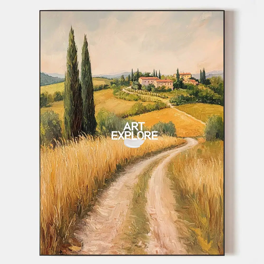 Original hand painted golden Tuscan valley landscape oil painting canvas wall art, elegant luxury modern vintage living room home decor