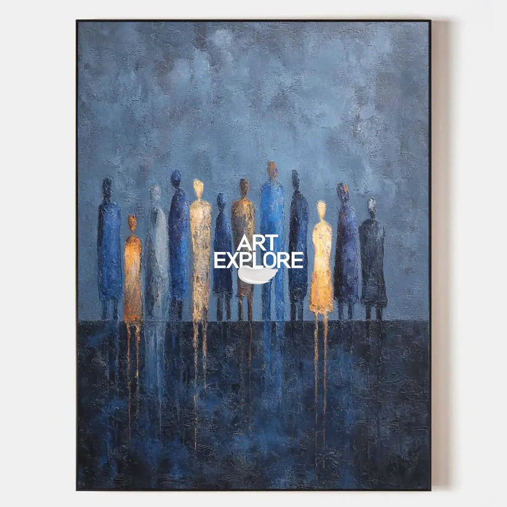 Original hand painted deep blue abstract silhouette figures oil painting canvas wall art, nordic scandinavian elegant luxury modern liv