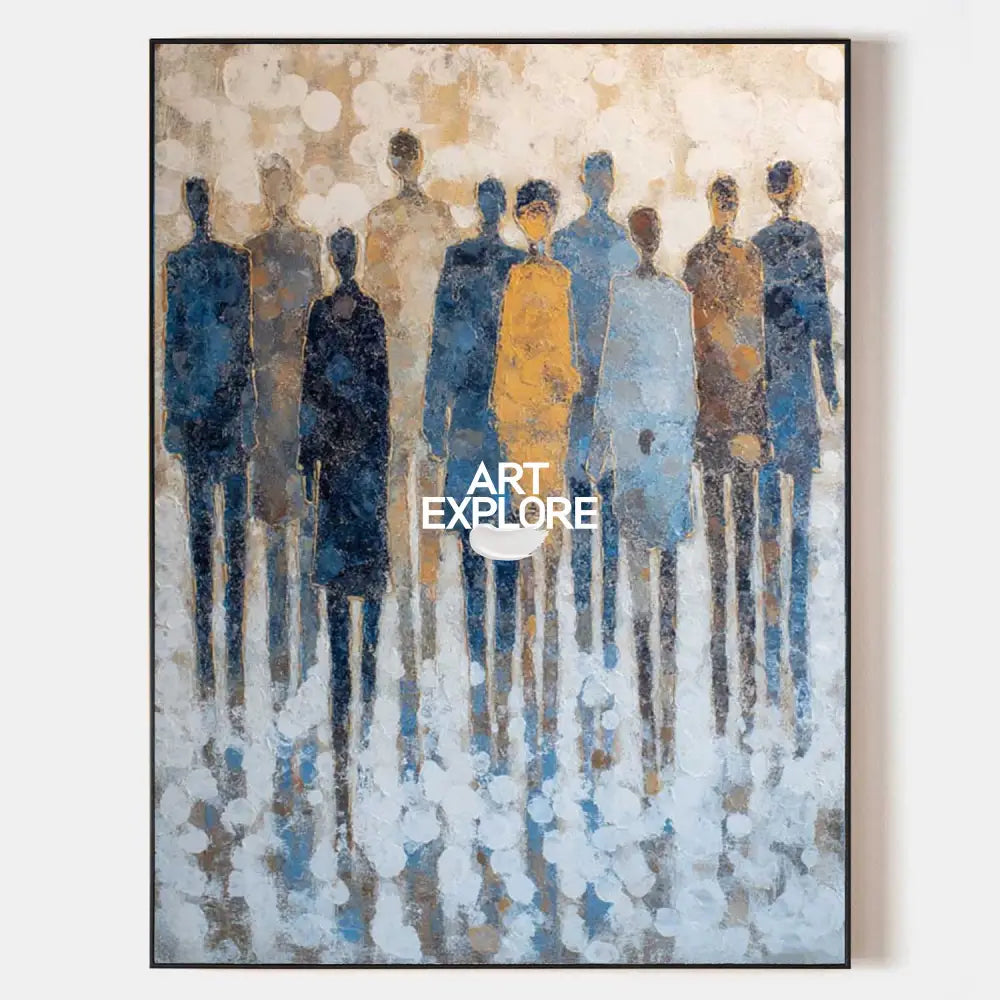 Original hand painted abstract blue gold silhouette figures oil painting canvas wall art, nordic scandinavian elegant luxury modern hom
