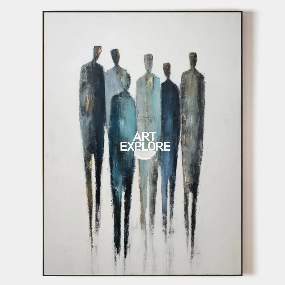 Original hand painted navy teal abstract silhouette figures oil painting canvas wall art, nordic scandinavian minimalist elegant luxury