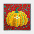 Original hand painted yellow pumpkin teal dot abstract oil painting canvas wall art, modern luxury elegant eclectic living room home de