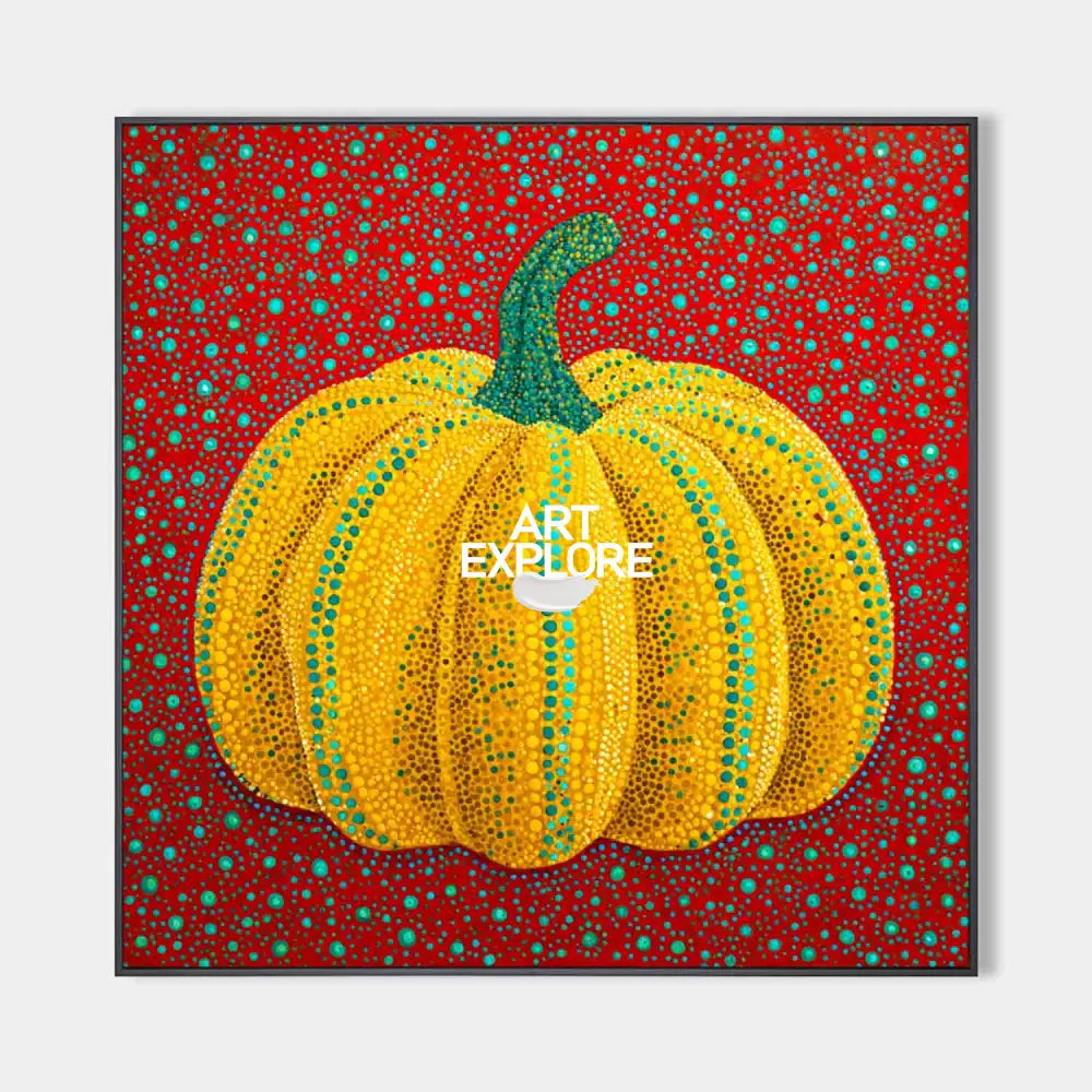Original hand painted yellow pumpkin teal dot abstract oil painting canvas wall art, modern luxury elegant eclectic living room home de