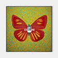 Original hand painted red butterfly oil painting canvas wall art, golden teal pointillist dots, abstract luxury elegant modern home dec