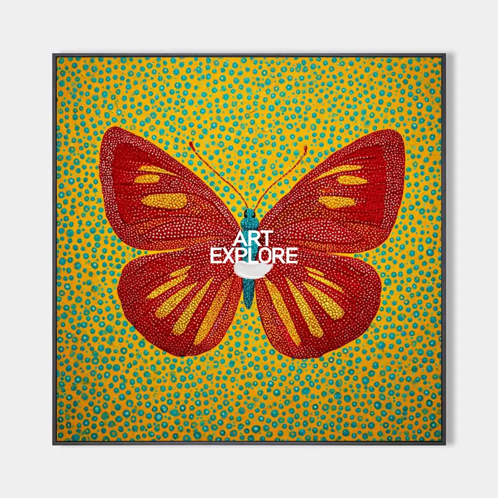 Original hand painted red butterfly oil painting canvas wall art, golden teal pointillist dots, abstract luxury elegant modern home dec