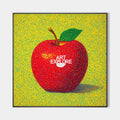 Original hand painted red apple pointillist oil painting canvas, bold yellow modern luxury elegant scandinavian nordic home decor wall