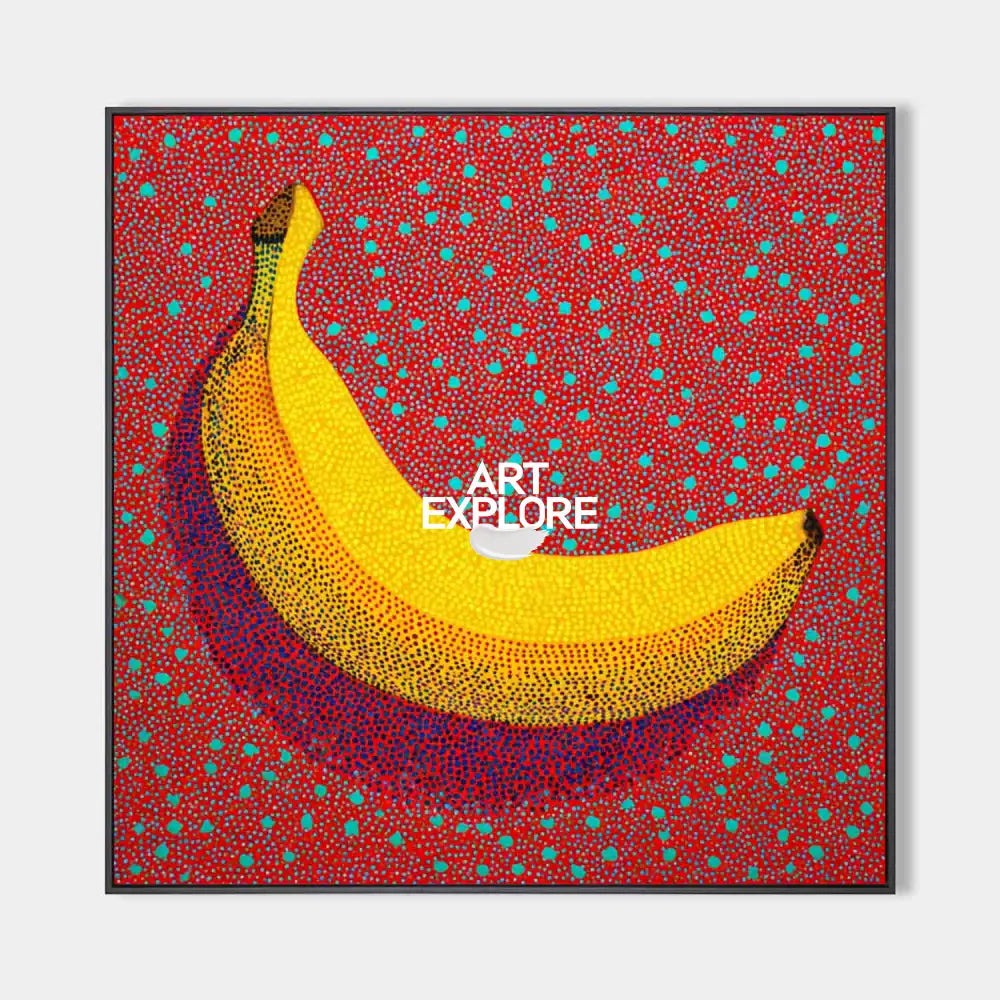 Original hand painted yellow banana oil painting canvas wall art, red dotted abstract modern luxury elegant home decor interior design