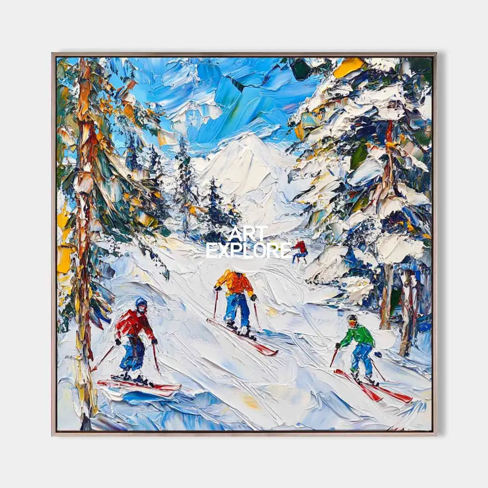 Original hand painted alpine ski mountain oil painting canvas wall art, bold blue white red nordic scandinavian elegant luxury modern c