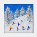 Original hand painted nordic alpine ski slope oil painting canvas wall art, colorful skiers snow trees blue sky scandinavian elegant lu