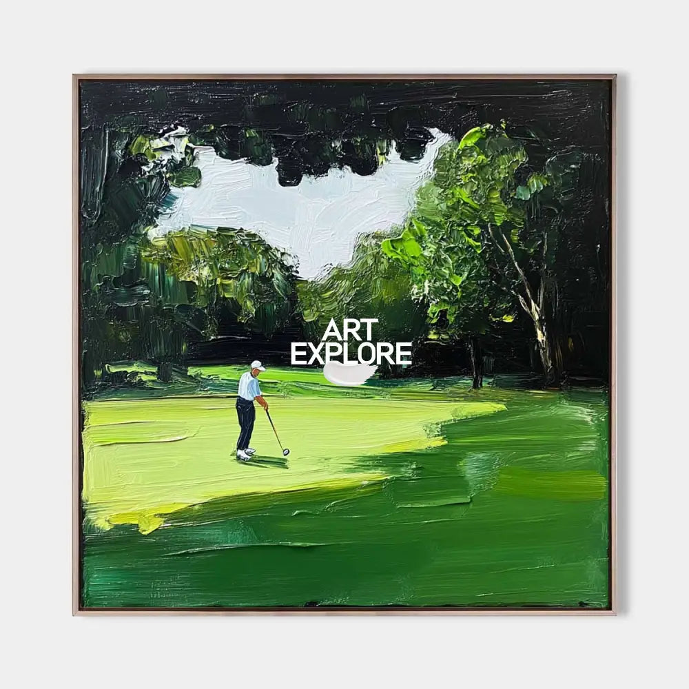 Original hand painted emerald green golf course oil painting canvas wall art, modern elegant luxury textured landscape home decor inter