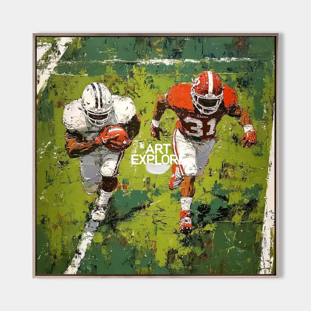 Original hand painted crimson green abstract football oil painting canvas wall art, modern elegant luxury bold textured home decor inte