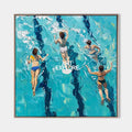 Original hand painted teal aqua swimmers aerial view oil painting canvas wall art, coastal modern elegant luxury nordic scandinavian ho