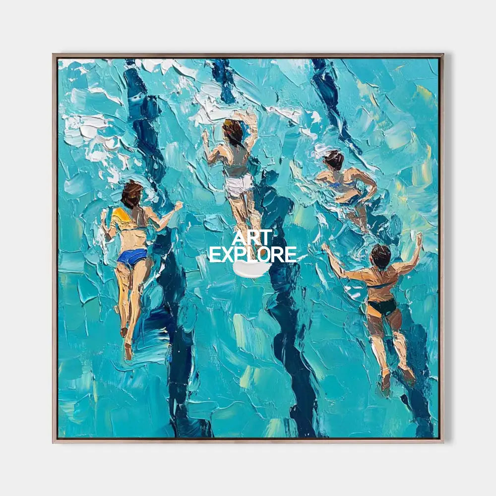 Original hand painted teal aqua swimmers aerial view oil painting canvas wall art, coastal modern elegant luxury nordic scandinavian ho