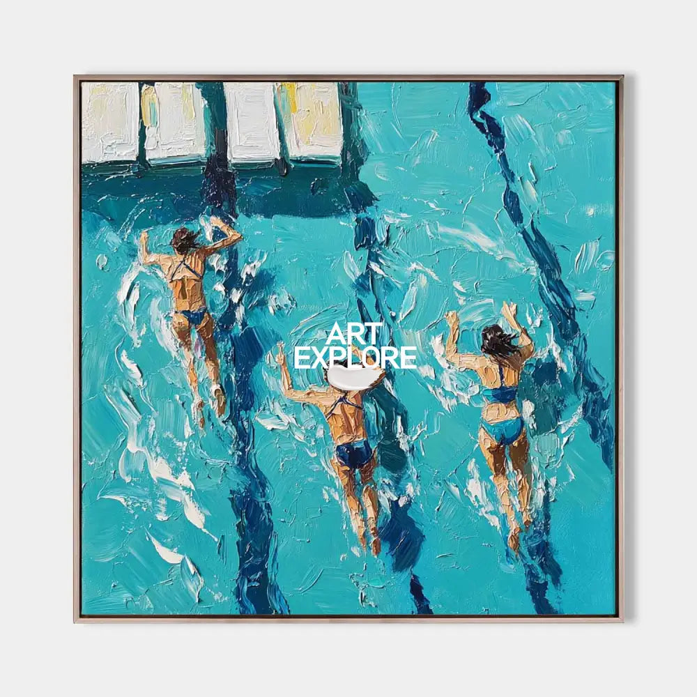 Original hand painted teal blue swimmers oil painting canvas wall art, coastal elegant modern luxury nordic scandinavian home decor int