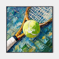 Original hand painted tennis ball racket oil painting canvas, bold green blue textured modern elegant luxury wall art home decor interi