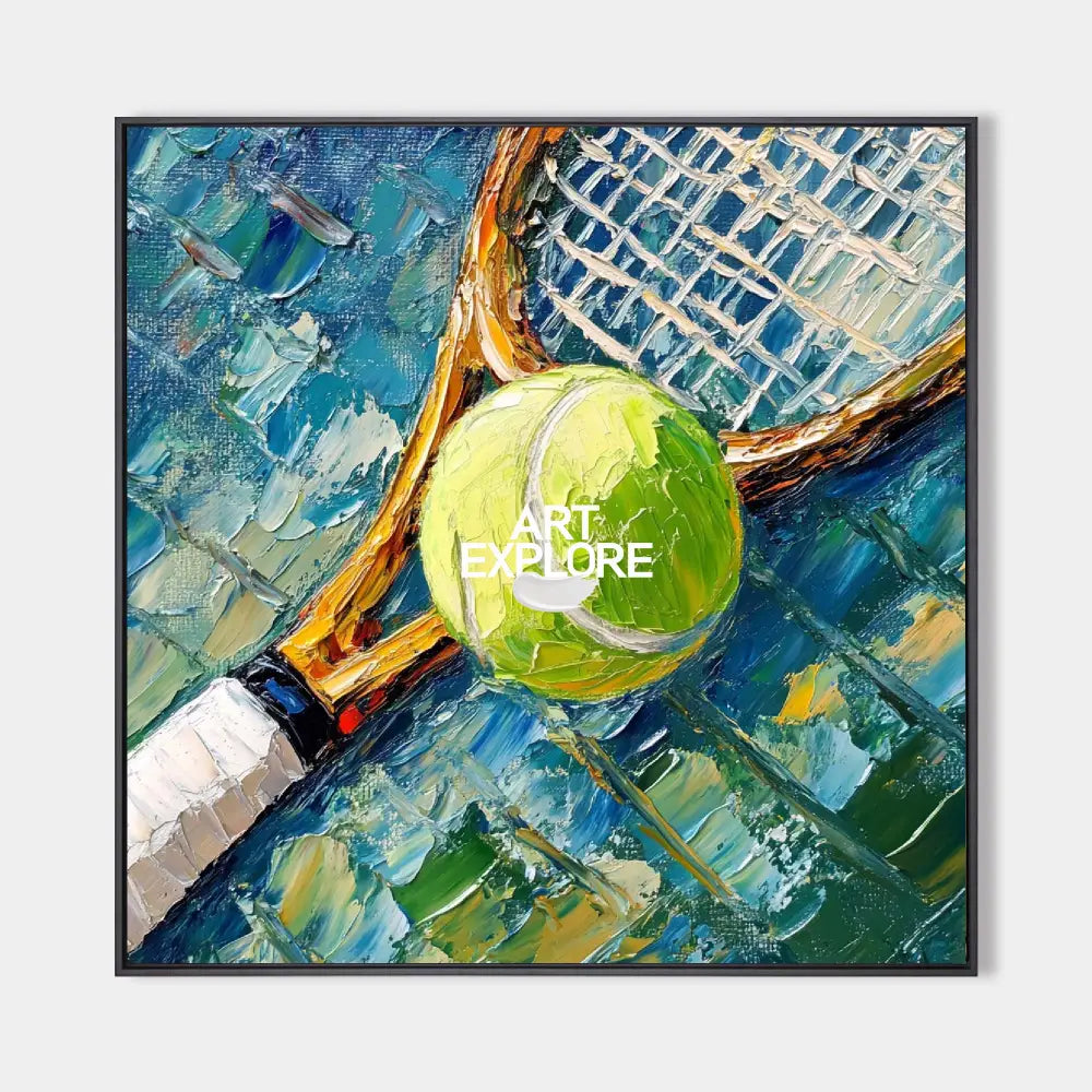 Original hand painted tennis ball racket oil painting canvas, bold green blue textured modern elegant luxury wall art home decor interi