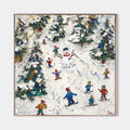Original hand painted winter snow scene oil painting canvas, colorful figures skiing snowman pine trees, nordic elegant luxury modern h