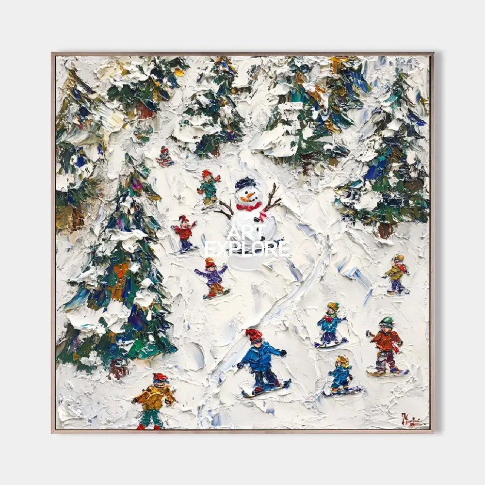 Original hand painted winter snow scene oil painting canvas, colorful figures skiing snowman pine trees, nordic elegant luxury modern h