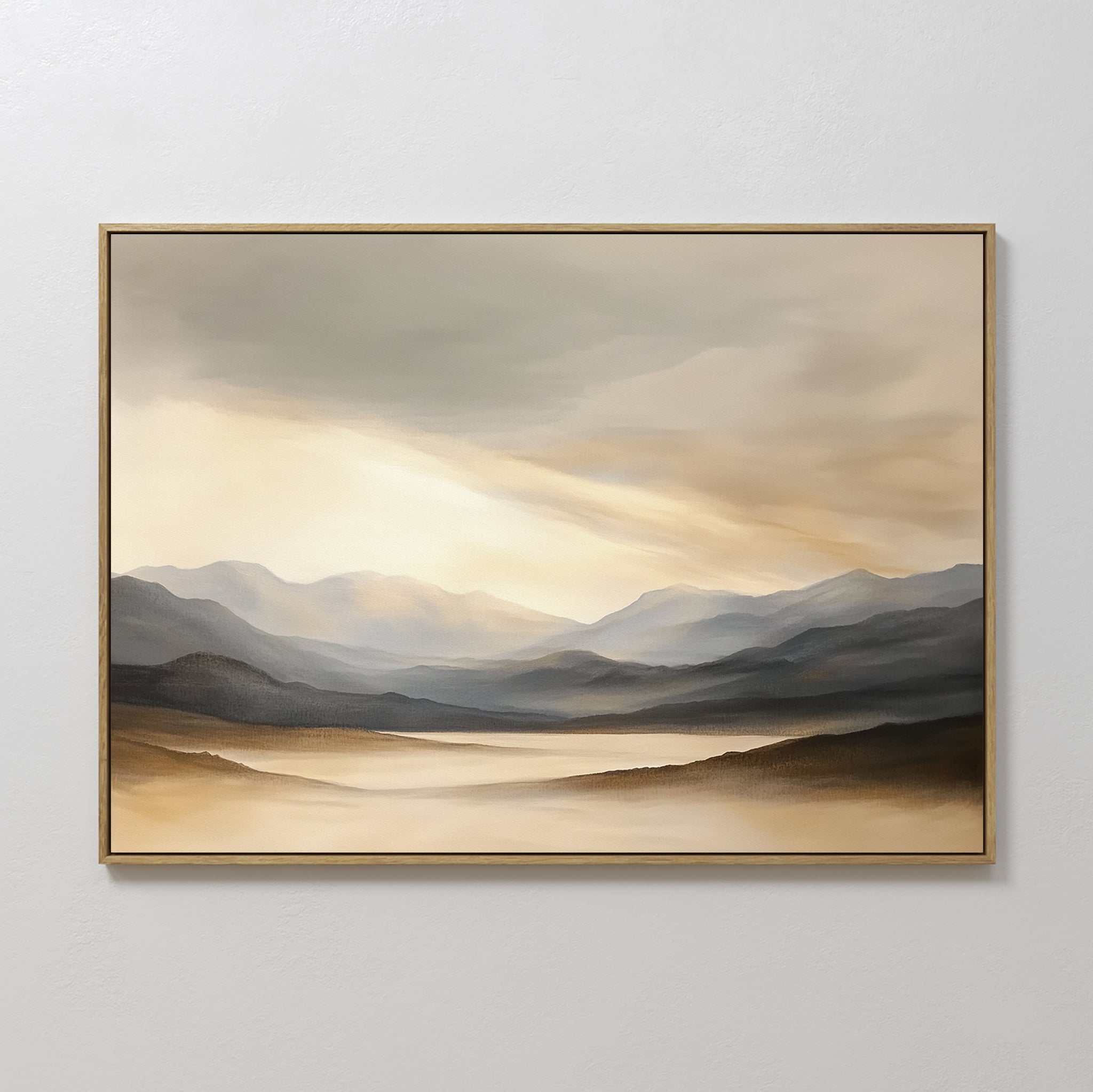 Original hand painted amber grey misty mountain lake oil painting canvas wall art, nordic scandinavian elegant luxury minimalist modern living room ho