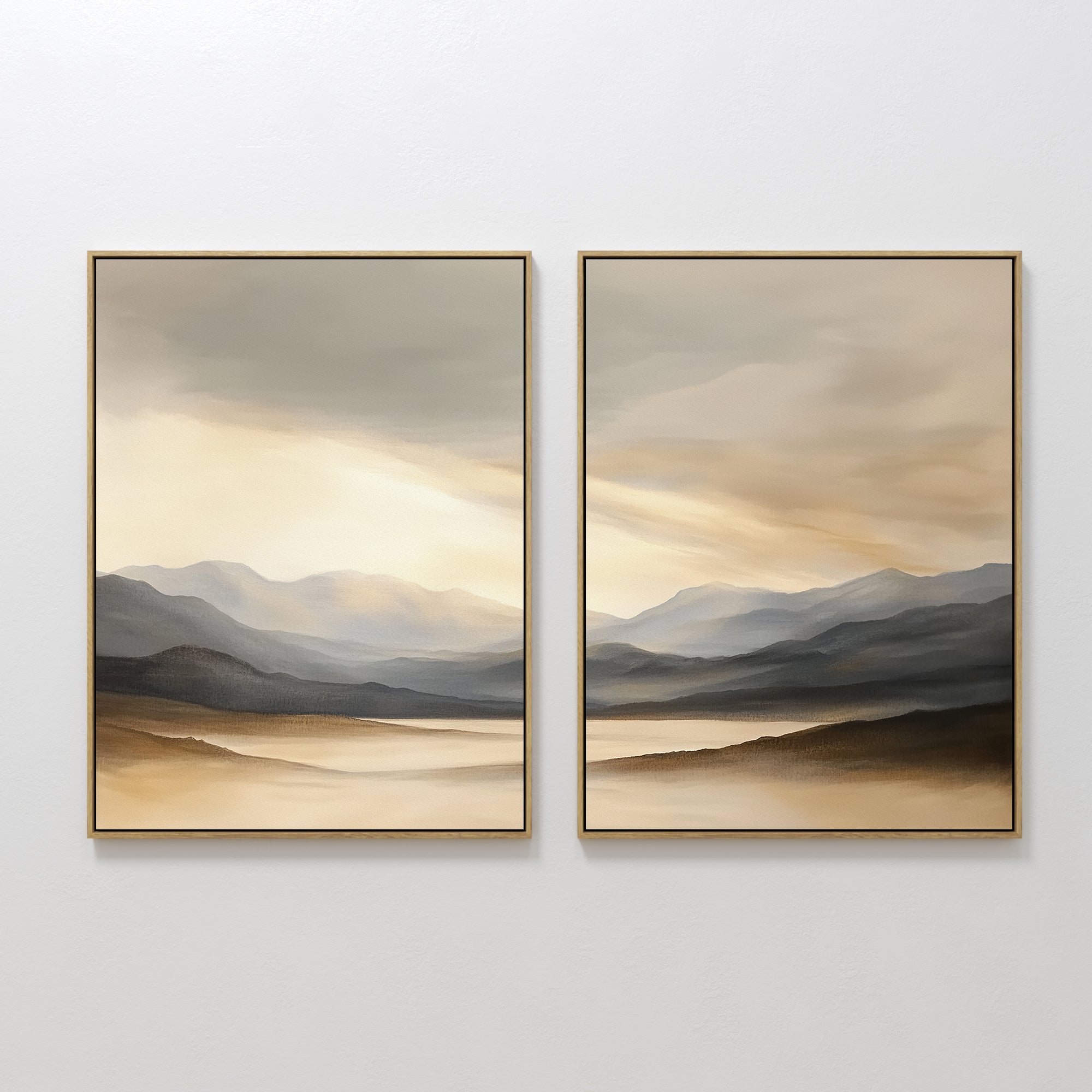 Original hand painted amber gold grey atmospheric mountain landscape oil painting diptych canvas wall art, nordic scandinavian elegant luxury modern l