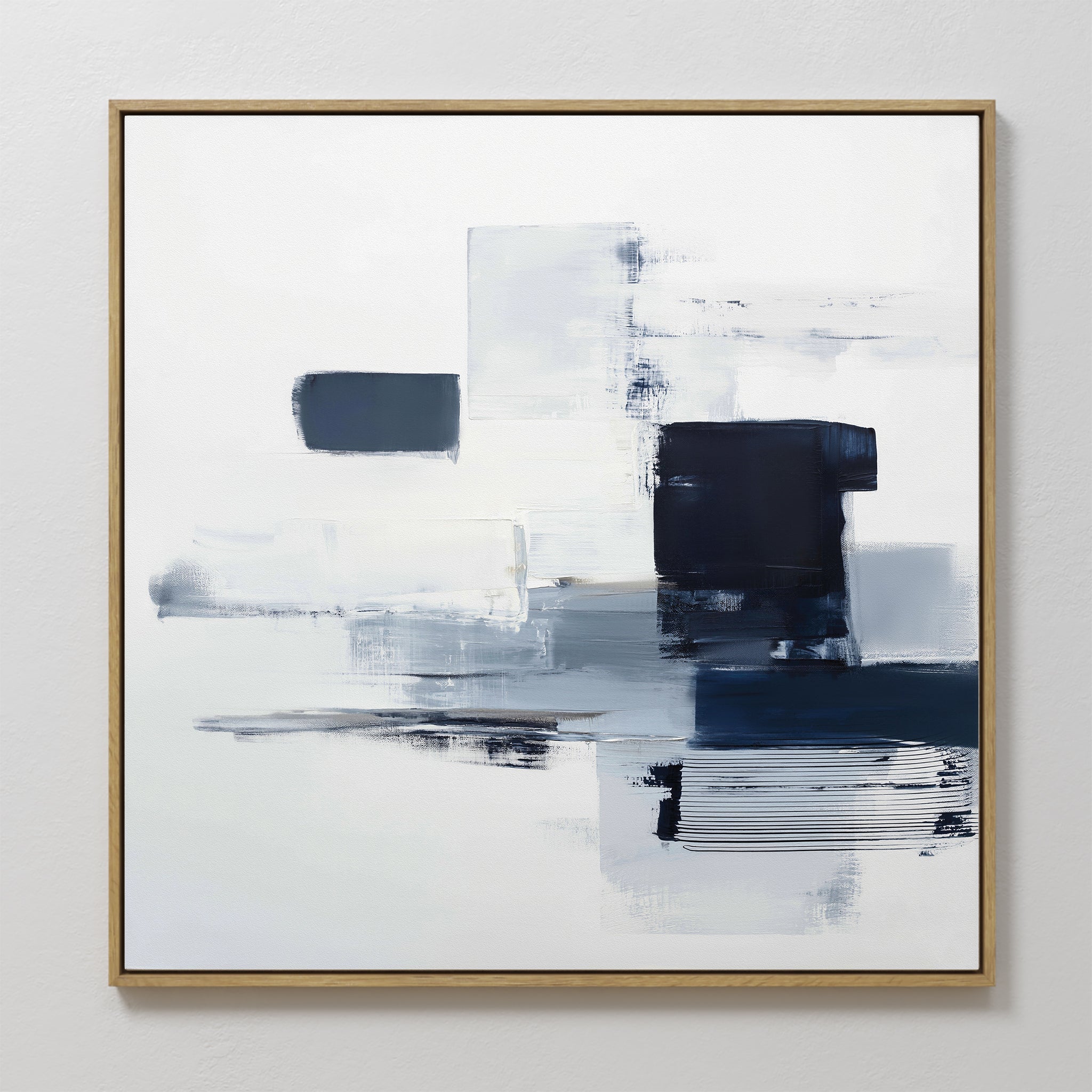 Original hand painted navy blue white abstract oil painting canvas wall art, bold geometric brushstrokes nordic scandinavian elegant luxury modern hom