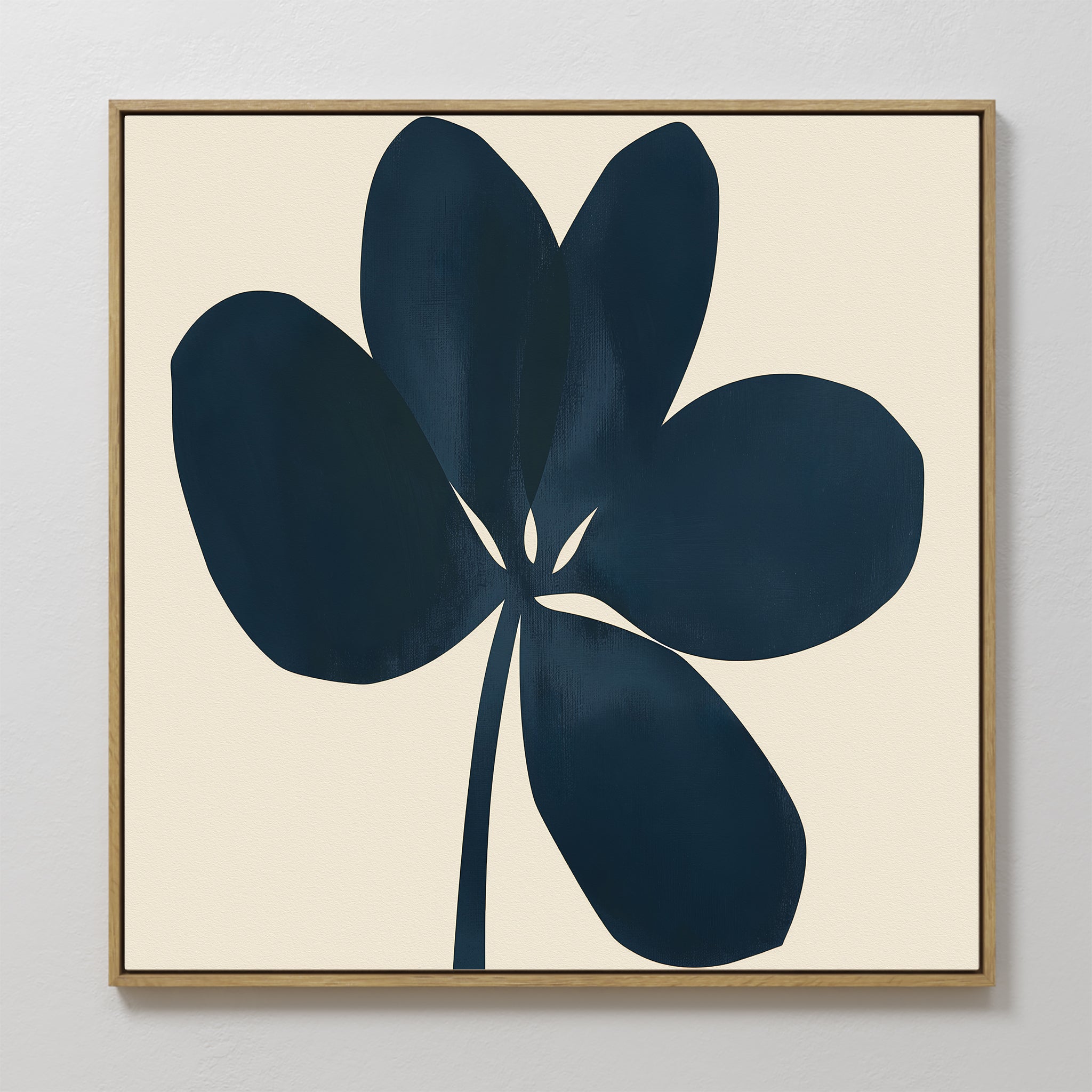 Original hand painted navy blue botanical clover silhouette oil painting canvas wall art, nordic scandinavian elegant luxury minimalist modern home de