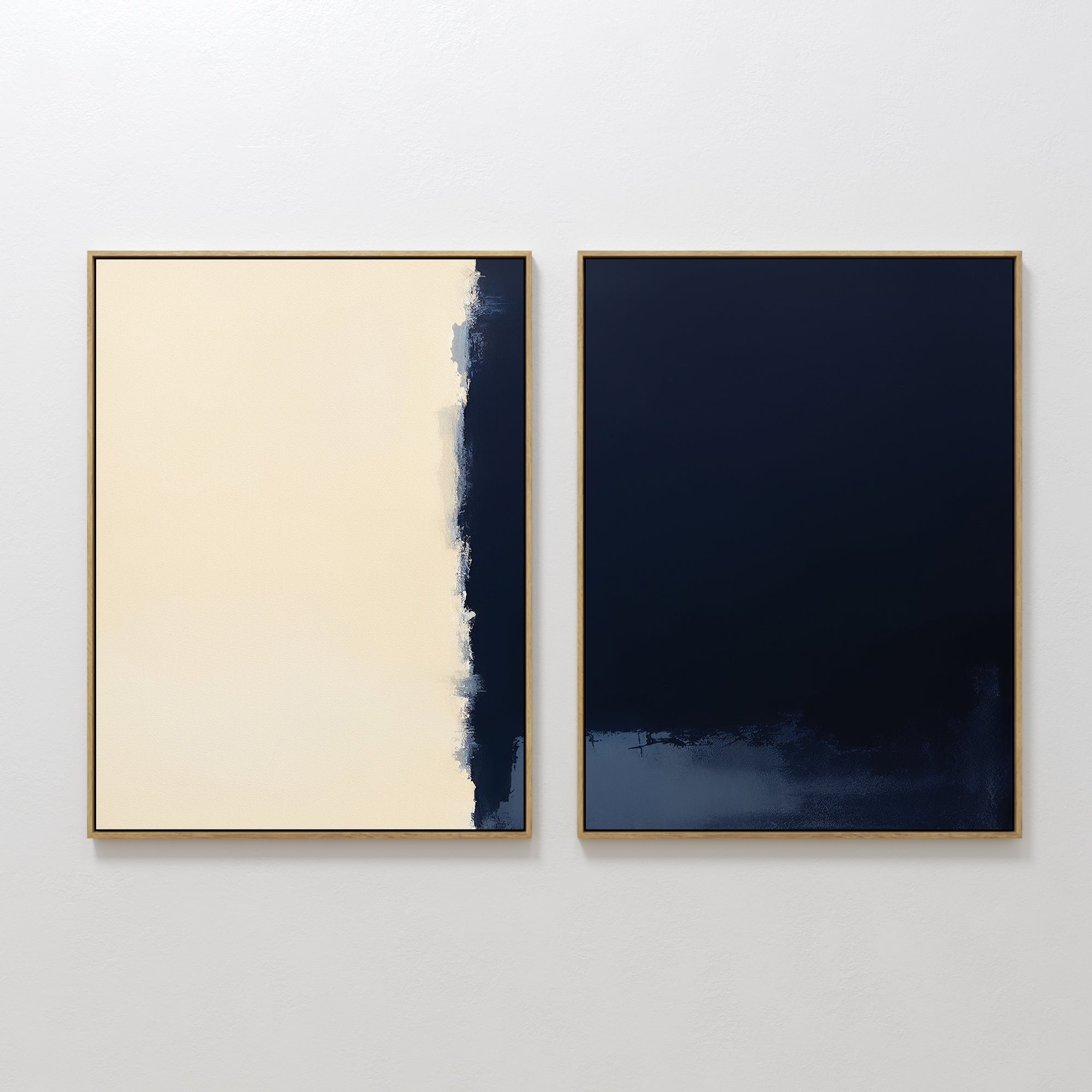Hand painted original navy cream abstract oil painting canvas diptych wall art set, bold brushstroke nordic scandinavian elegant luxury modern home de