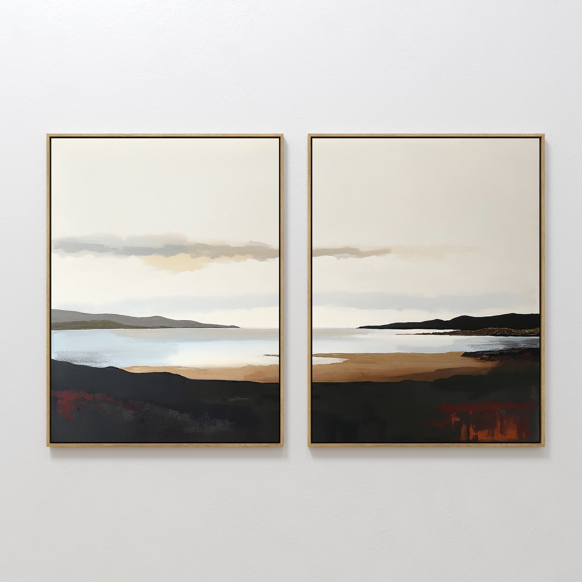 Original hand painted amber black coastal landscape oil painting diptych canvas wall art, nordic scandinavian elegant luxury modern living room home d