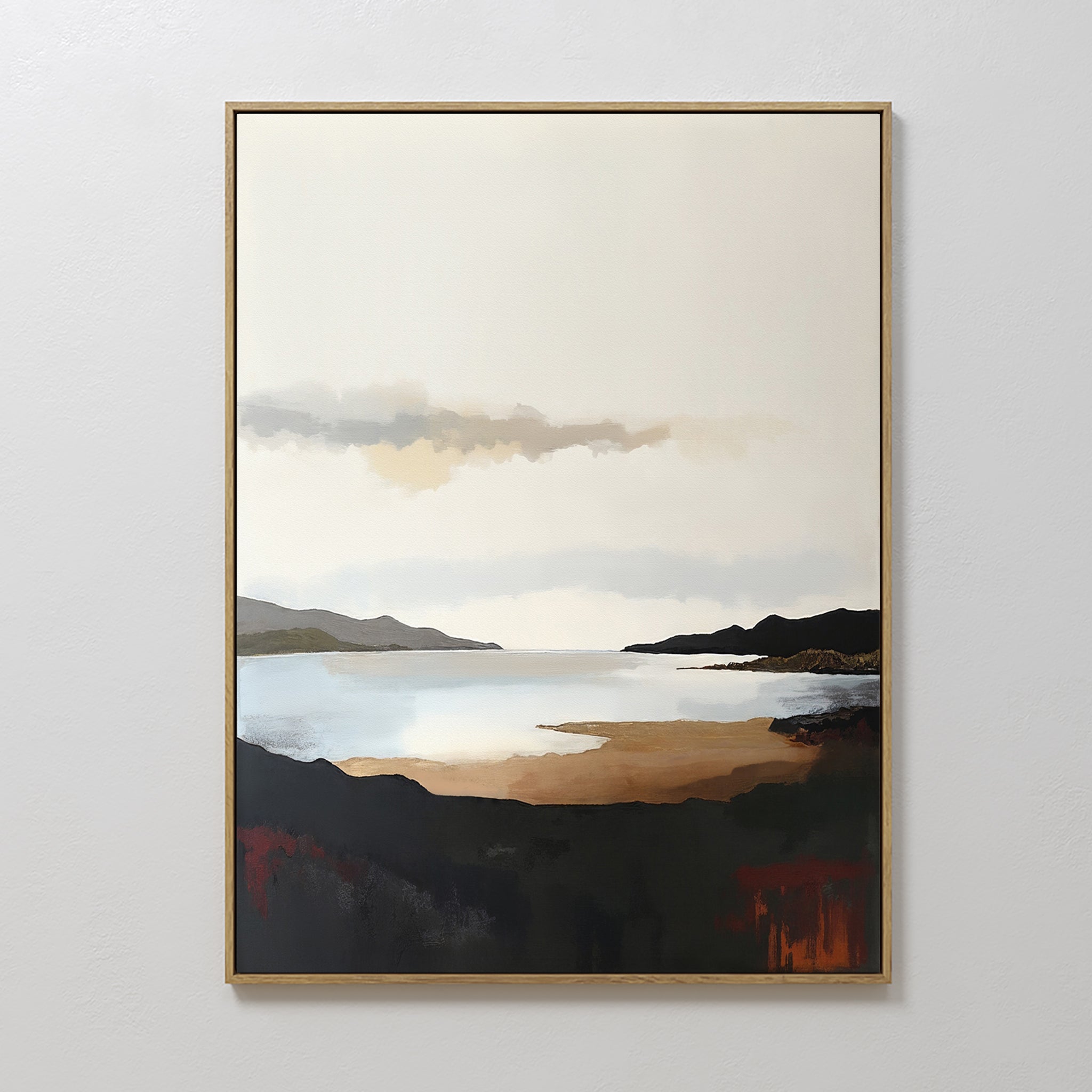Original hand painted dark coastal landscape oil painting canvas wall art, moody black amber blue nordic scandinavian elegant luxury modern living roo