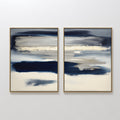 Hand painted original navy blue cream gold abstract oil painting canvas set of 2, nordic scandinavian elegant luxury modern coastal home decor interio