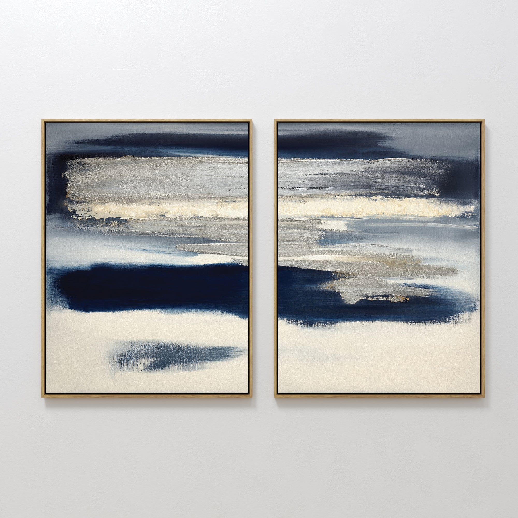 Hand painted original navy blue cream gold abstract oil painting canvas set of 2, nordic scandinavian elegant luxury modern coastal home decor interio